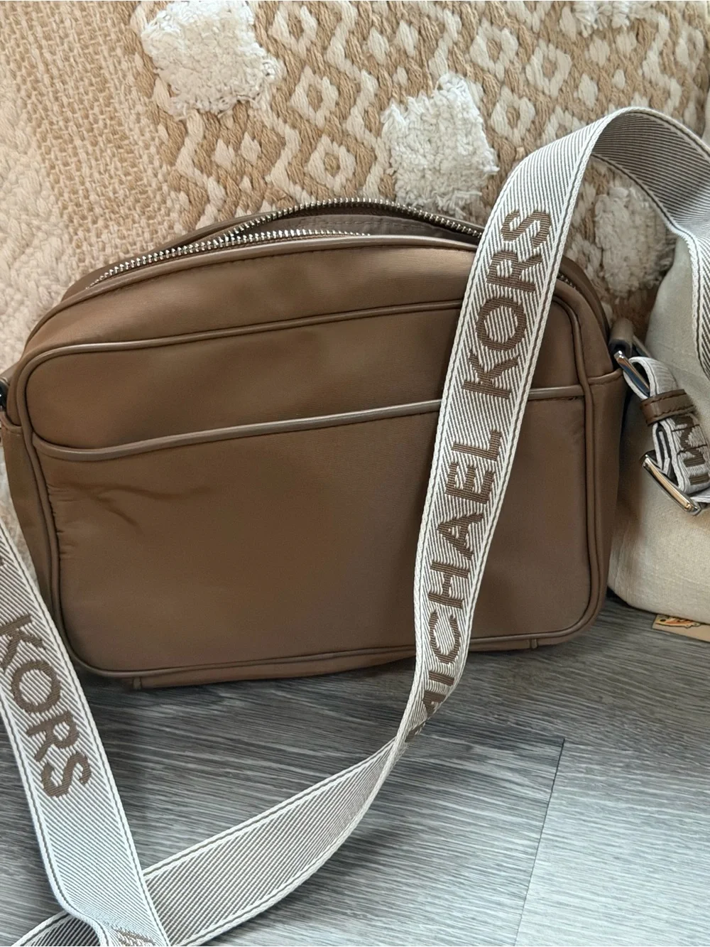 Michael Kors Taupe Nylon Crossbody style Bag with Logo Strap